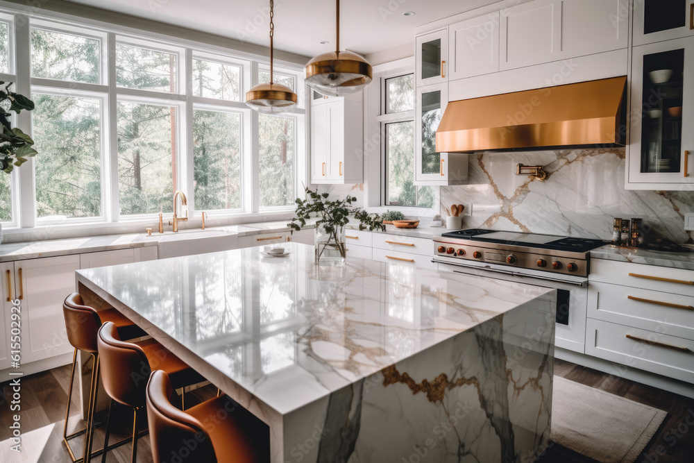 Generative AI illustration of interior of kitchen with counter and chairs placed near window in modern apartment decorated by garlands on wall at home Generative AI illustration of interior of kitchen with counter and chairs placed near window in modern apartment decorated by garlands on wall at home