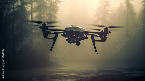 Generative AI a drone performs a reconnaissance flight in the forest