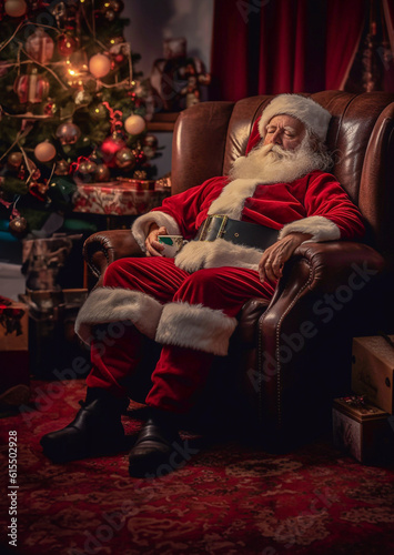Santa very tired after the delivery of gifts, rests in his favorite armchair