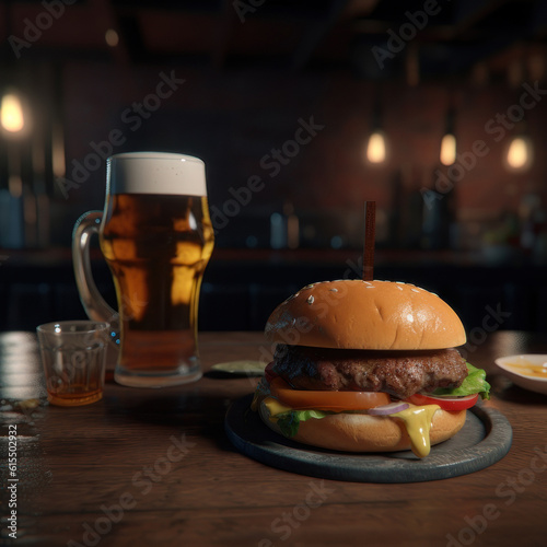 Burger and beer in the pub. AI generative.