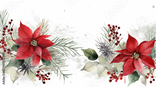 Fir tree twigs and poinsettia flowers edges on simple background with copy space. Generative ai