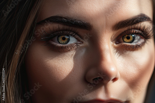 Generative AI illustration portrait of young woman with big eyes and long eyelashes looking at camera photo