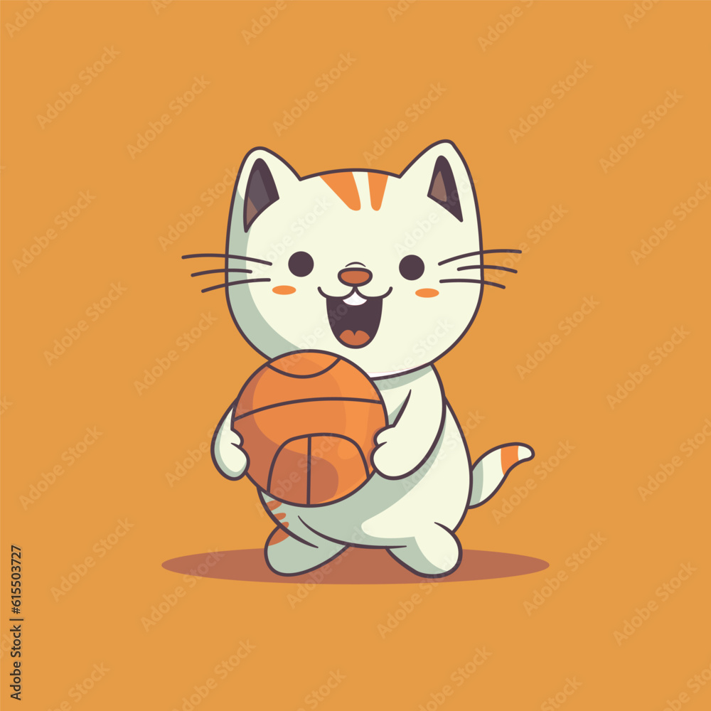 A playful kitten with big, curious eyes dribbling a bright orange basketball, captured mid-leap, showcasing its agility in a flat 2D cartoon style. vector illustration A playful kitten with big, curious eyes dribbling a bright orange basketball, captured mid-leap, showcasing its agility in a flat 2D cartoon style. vector illustration