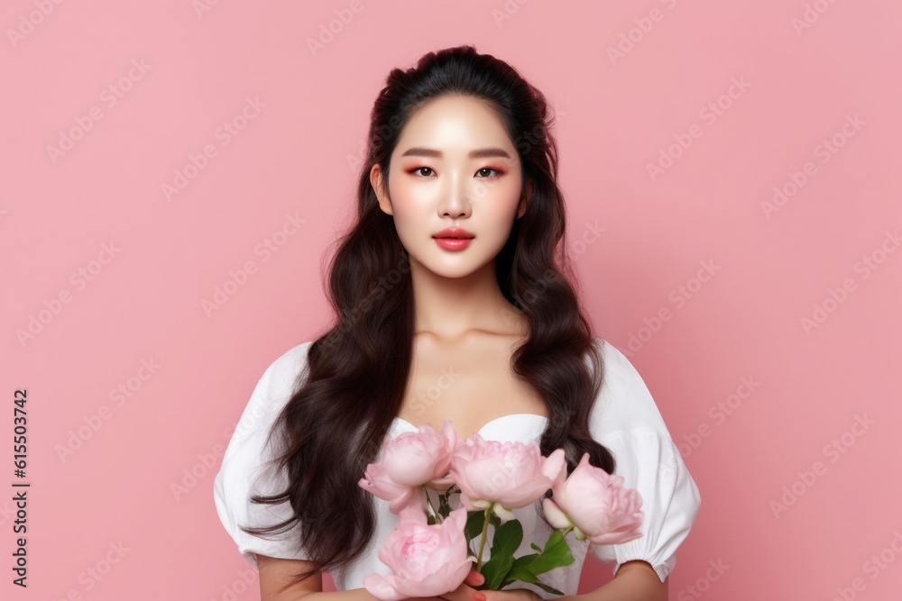 Beautiful Young Asian Woman with Clean Fresh Skin,woman beauty skin isolated on pink background.Generative Ai Beautiful Young Asian Woman with Clean Fresh Skin,woman beauty skin isolated on pink background.Generative Ai