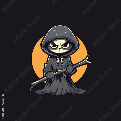 A charming, whimsical Grim Reaper cat, clutching a small scythe, its bright eyes full of mischief. Outlined in playful 2D cartoon style. vector illustration
