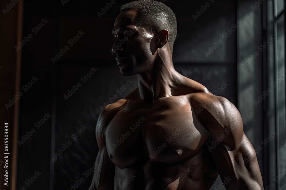 Generative AI illustration of muscular man with naked torso in gym Generative AI illustration of muscular man with naked torso in gym