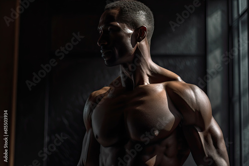 Generative AI illustration of muscular man with naked torso in gym photo