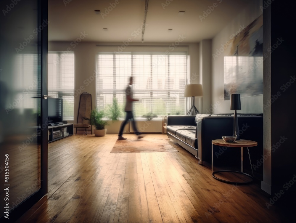Modern living room with blur people in the background. Generative AI Modern living room with blur people in the background. Generative AI