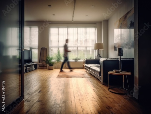 Modern living room with blur people in the background. Generative AI © Natee Meepian