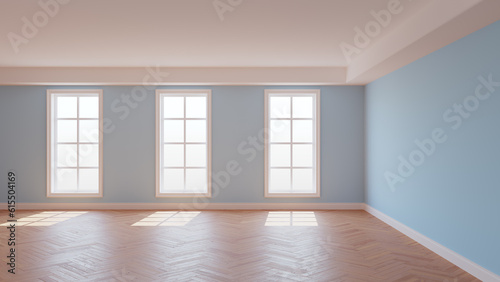 Light Blue Room with a White Ceiling and Cornice, Glossy Herringbone Parquet Floor, Three Large Windows and a White Plinth. Sunny Beautiful Interior. 3D illustration, 8K Ultra HD, 7680x4320, 300 dpi