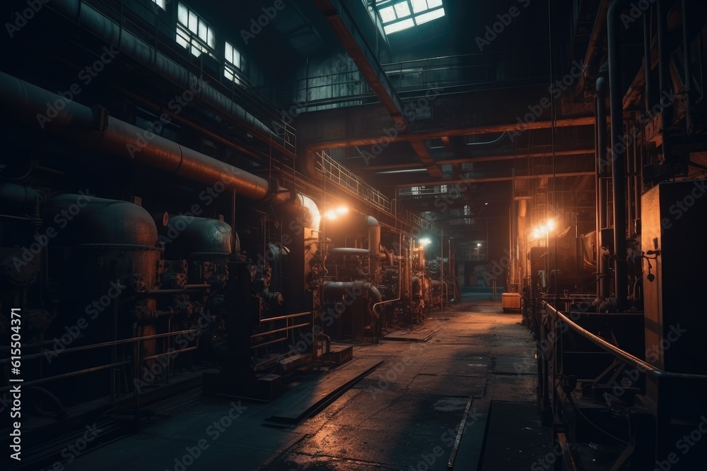 Fototapeta premium Dark Industrial Factory Interiors with Machinery and Dim Lighting