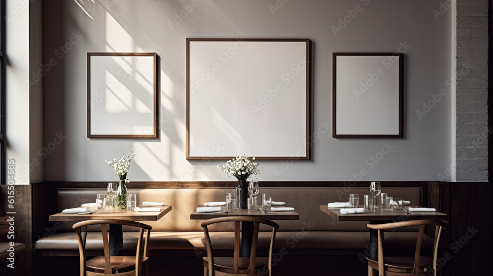 Modern scandinavian style cafe interior with three big picture frame mockups. AI generative Modern scandinavian style cafe interior with three big picture frame mockups. AI generative