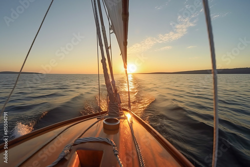 Generative AI illustration of scenic view of sailboat with wooden deck and mast with rope floating on rippling dark sea against cloudy sunset sky photo
