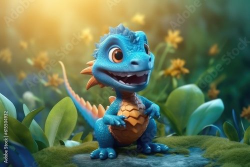 Cute Adorable Baby Dragon Lizard in 3D-Style Standing in Nature in Children-Friendly Cartoon Animation Fantasy Style generative AI. © Ecleposs