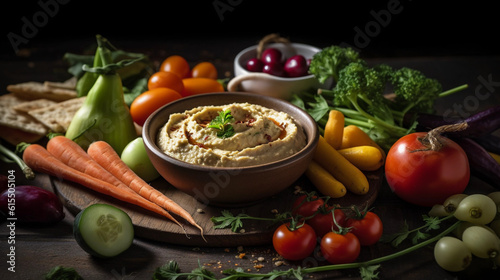 A bowl of creamy hummus surrounded by an assortment of fresh vegetables for dipping