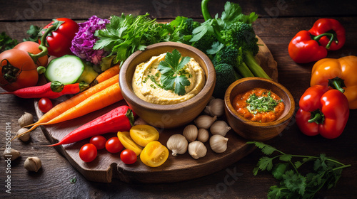 A bowl of creamy hummus surrounded by an assortment of fresh vegetables for dipping