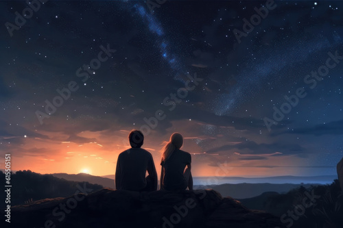 A couple of lovers look at the stars. AI generative.