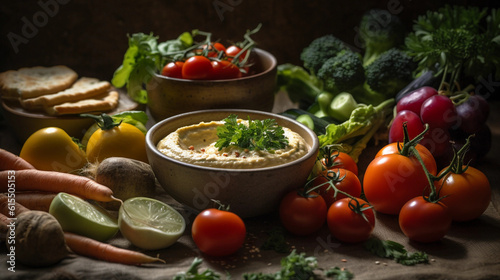 A bowl of creamy hummus surrounded by an assortment of fresh vegetables for dipping