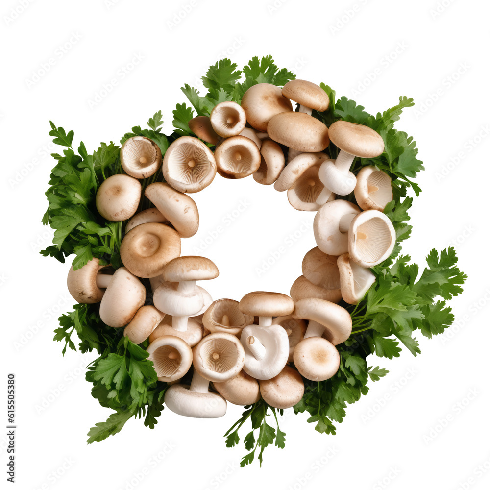 Fototapeta premium circle of mushrooms and coriander leaves isolated on transparent background cutout , generative ai
