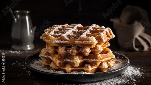 A stack of fluffy and indulgent Belgian waffles, drizzled with maple syrup and dusted with powdered sugar