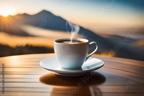 cup of coffee on the teable, coffee with a blurred mountain background view