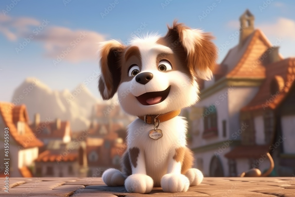 Cute Adorable Baby Dog in 3D-Style Standing in Nature in Children-Friendly Cartoon Animation Fantasy Style generative AI. Cute Adorable Baby Dog in 3D-Style Standing in Nature in Children-Friendly Cartoon Animation Fantasy Style generative AI.
