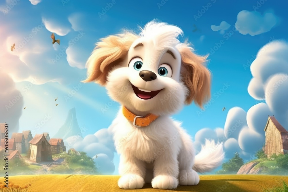 Cute Adorable Baby Dog in 3D-Style Standing in Nature in Children-Friendly Cartoon Animation Fantasy Style generative AI. Cute Adorable Baby Dog in 3D-Style Standing in Nature in Children-Friendly Cartoon Animation Fantasy Style generative AI.