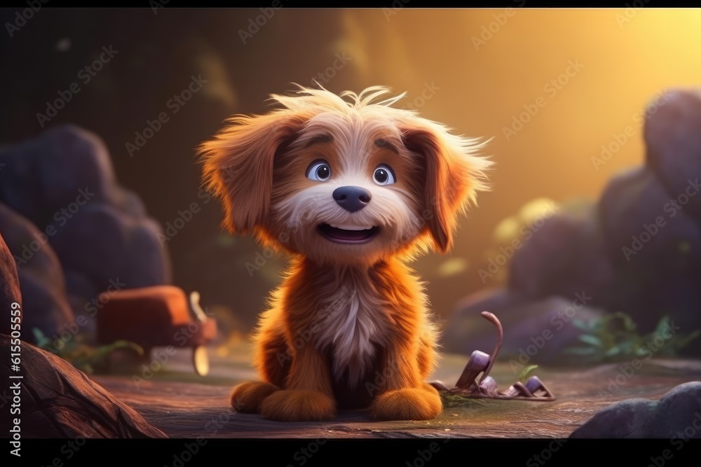 Cute Adorable Baby Dog in 3D-Style Standing in Nature in Children-Friendly Cartoon Animation Fantasy Style generative AI. - obrazy, fototapety, plakaty 