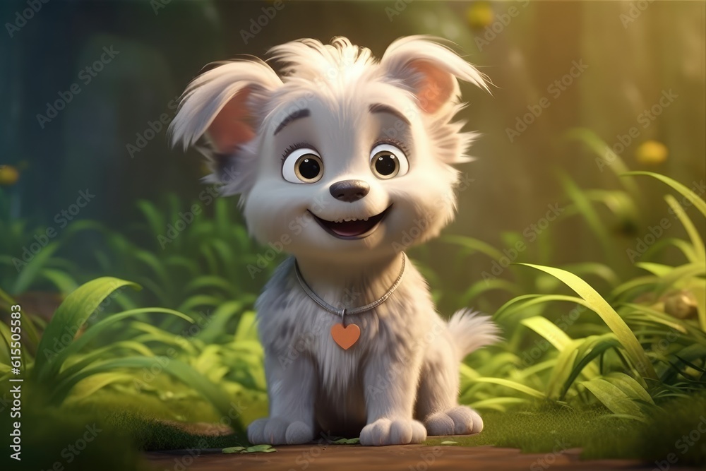 Cute Adorable Baby Dog in 3D-Style Standing in Nature in Children-Friendly Cartoon Animation Fantasy Style generative AI.