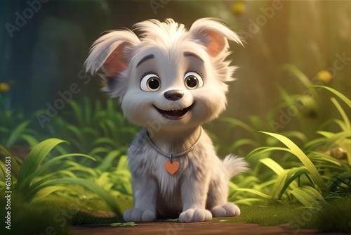Cute Adorable Baby Dog in 3D-Style Standing in Nature in Children-Friendly Cartoon Animation Fantasy Style generative AI.