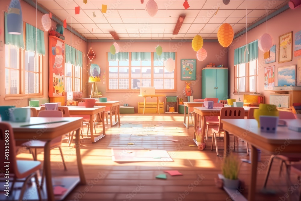 3D Cartoon Classroom with Bright Colors and Sunlight