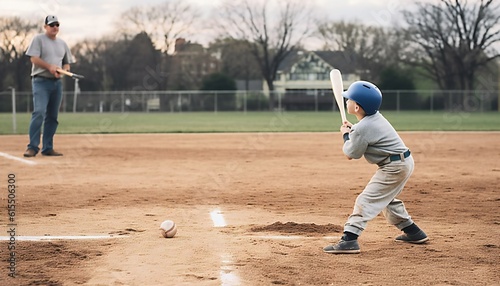 Boy plays softball with his father. Generative ai art.