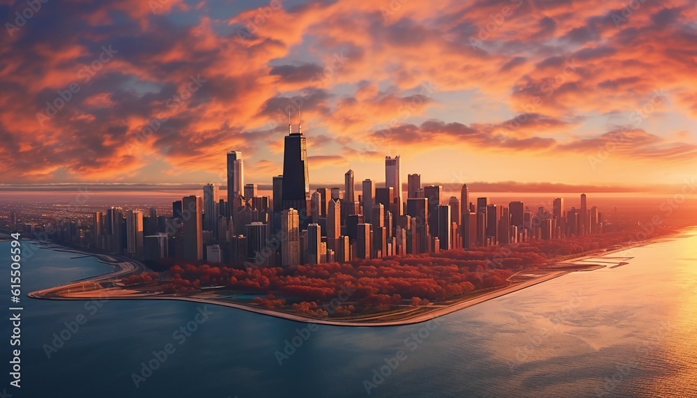 Chicago skyline, aerial view of the city. Generative ai