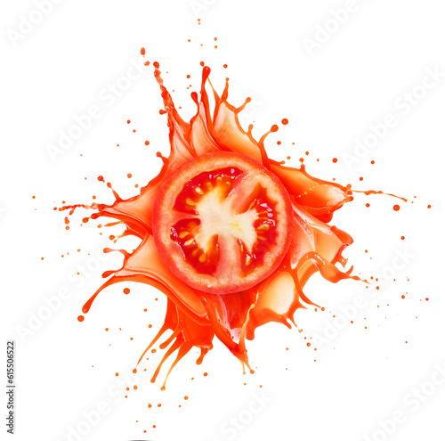 Half of a tomato with a splashes of juice isolated on a white background