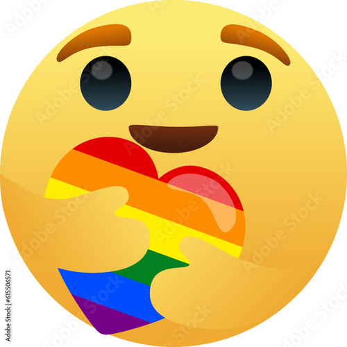 cute emoji icon hugging rainbow heart with both hands. emoticon character hugging hearts isolate on white background. yellow sticker emoji icons for social media. Pride heart symbol emoji