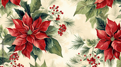 Fir tree twigs and poinsettia flowers edges on simple background with copy space. Generative ai