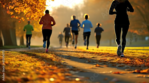 Autumn Sunrise Run Group of Runners Enjoying a Morning Jog in the Park. created with Generative AI photo