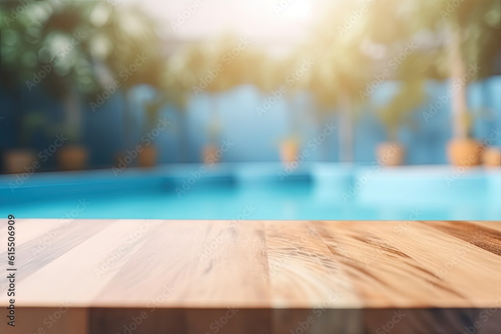 Abstract pool ambiance. Blurred pool background with wooden table for product showcase