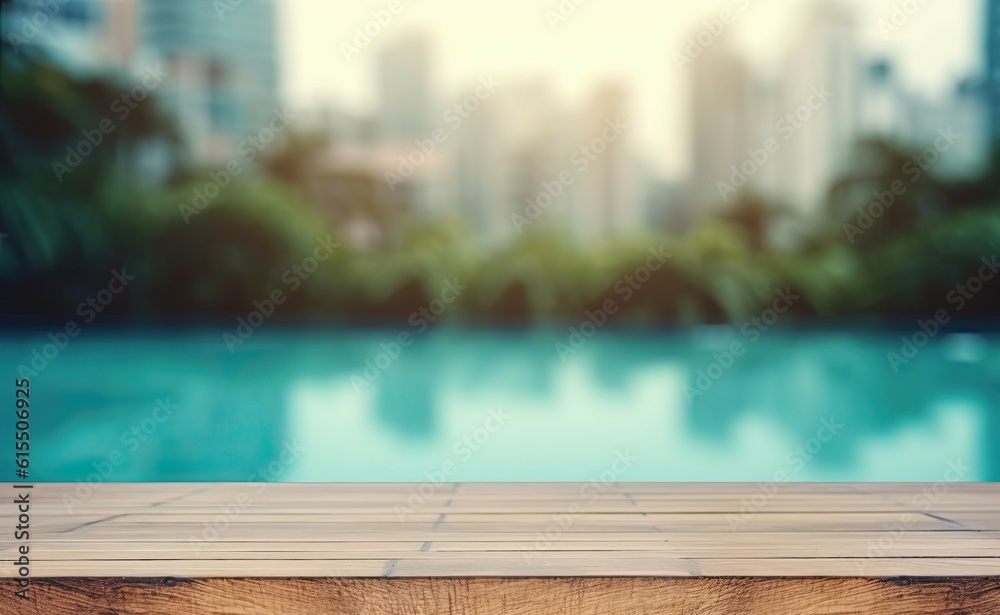 Abstract pool ambiance. Blurred pool background with wooden table for product showcase