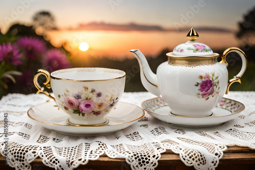 cup of tea and teapot, stylish teapot with flower decoration
