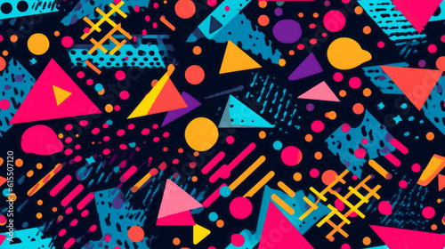 Seamless pattern background of retro vibrant pattern composed of geometric shapes in neon colors. Triangles, circles and squiggly lines