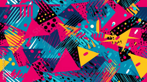 Seamless pattern background of retro vibrant pattern composed of geometric shapes in neon colors. Triangles, circles and squiggly lines