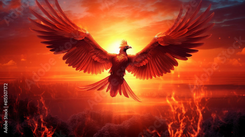 Illustration of a phoenix soaring against a backdrop of a dramatic sunset sky behind the mythical creature © Keitma