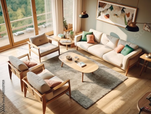 Modern cozy living room with large windows in the daytime. Generative AI