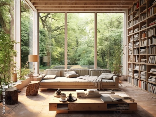 Cozy study room interior with book shelves, sofa and large windows. Generative AI © Natee Meepian