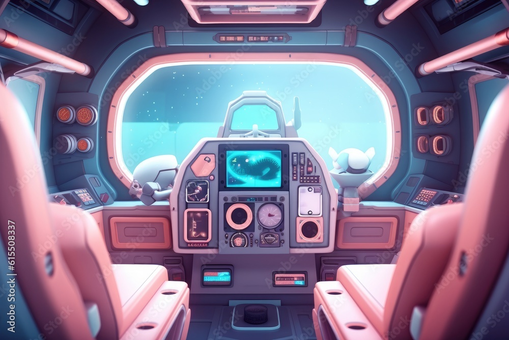 Fototapeta premium Futuristic spaceship cockpit with advanced controls and panoramic window
