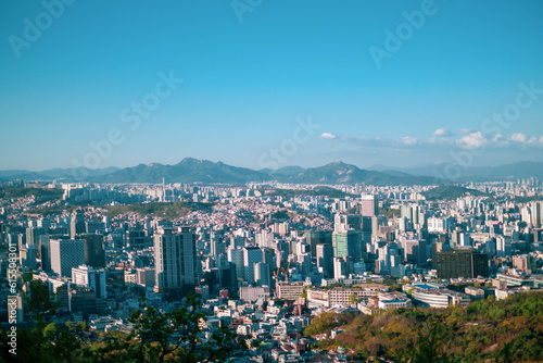 Cityscape Seoul . Aerial view of Nansan Seoul Tower and lotte tower. Viewpoint from Inwangsan mountain best landmark of Seoul   South Korea