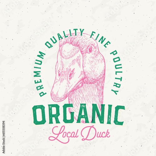 Risograph Style Duck Meat Products Farm Retro Badge Logo Template. Hand Drawn Bird Face Sketch with Retro Typography. Vintage Poultry Steaks Sketch Emblem Print Isolated