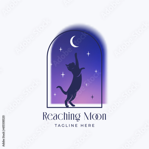 Blurry y2k aura style absttract vector logo template. Black cat silhouette on the night arch window reaching for the moon in the sky with stars background Isolated