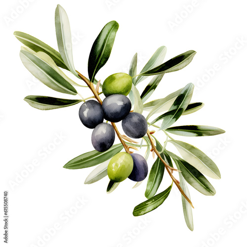 Olive branch with black olives watercolor illustration